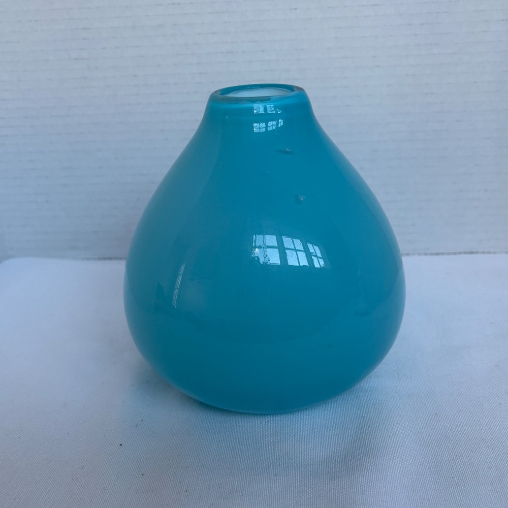Crate Barrel Aqua Cayman Vase Blown Glass Mid Century Modern 170-224 - Picture 3 of 9